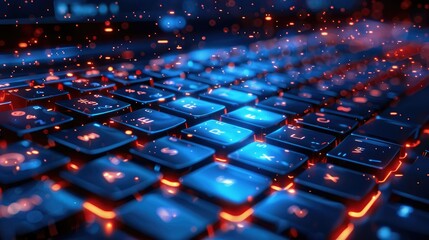 Obraz premium Futuristic glowing keyboard with vibrant blue and red lights, sparks, and bokeh effect.