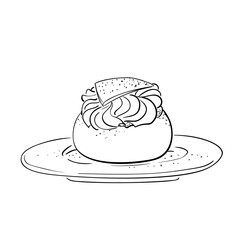 Swedish semla, hand drawn sketch of sweet pastry on plate, whipped cream filled bun, vector illustration doodle on white background