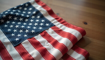 Folded American flag on a wooden surface