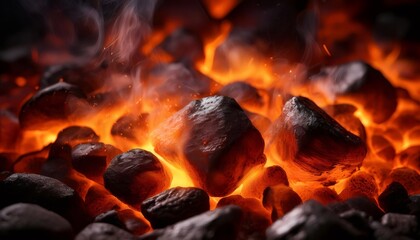 Burning embers glowing in the dark creating warm light and smoke