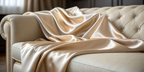 Naklejka premium Luxurious silk pillow draped over elegant couch cozy living room decorative still life inviting atmosphere close-up reveal