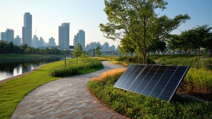 City park path, solar panels, sunrise, cityscape background; sustainable energy