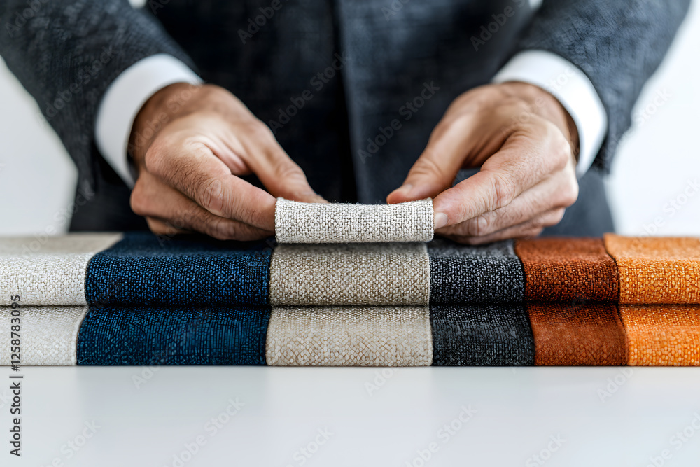 Poster choosing fabric colors: a close-up shot of a person in a suit selecting from a range of textured fab