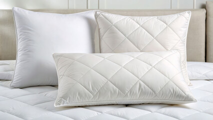 Fototapeta premium Elegant white pillow display on pristine mattress modern bedroom home decor bright environment aesthetic viewpoint