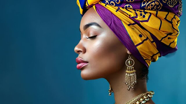 Elegant Black Woman with Headwrap and Jewelry Showcasing Cultural Beauty in a Serene Profile Portrait Against a Vibrant Blue Background