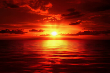 beautiful sunset over the ocean with a bright orange sun. The sky is filled with clouds, creating a dramatic and serene atmosphere. The water is calm and still, reflecting the colors of the sky