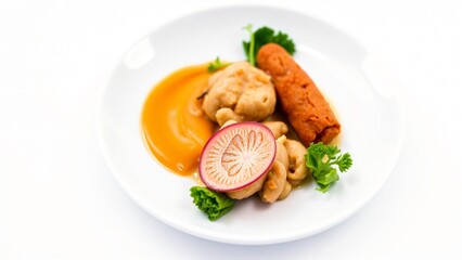 Gourmet Dish Pan-Seared Scallops with Pumpkin Puree, Smoked Sausage, and Radish Garnish