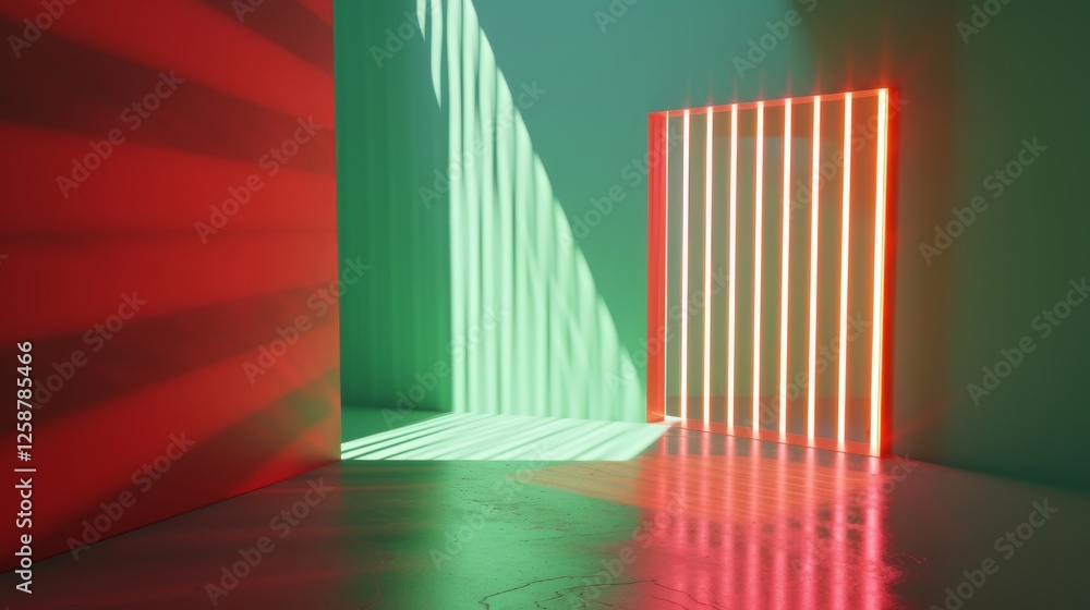 Poster dynamic composition of light and shadow with glowing red and green stripes in a modern, minimalist s