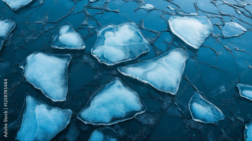 Poster an abstract composition of shattered ice, glowing in a deep blue environment.