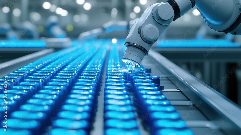 Poster automated robotic arm sorting blue glass bottles on a production line.