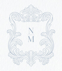 Vintage elegant wedding crest design. Arabesque with scrolls in Baroque style monogram. NM initial wedding monogram crest.