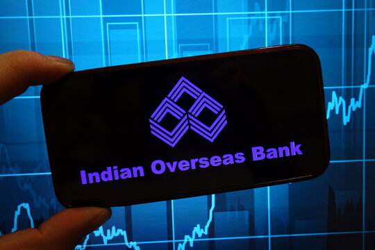 Konskie, Poland - January 25, 2025: Indian Overseas Bank company logo displayed on mobile phone