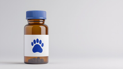 Fototapeta premium Pet Supplement Bottle: Amber bottle with blue cap and paw print label, suggesting medication or vitamins for animals. Health and wellness theme.