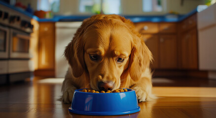 A golden retriever enjoys its meal from a blue bowl in a bright, well-lit kitchen, capturing a moment of contentment and joy