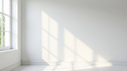 Obraz premium Sunlight Illuminates an Empty Room with White Walls and a Window Featuring Greenery Outside