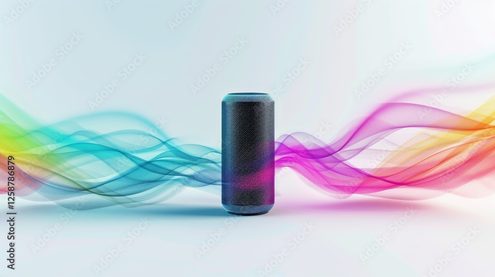 Poster cylindrical smart speaker surrounded by dynamic colorful sound waves, showcasing modern technology a