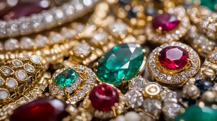A Close-Up of Luxurious Emerald and Ruby Jewelry Collection: Sparkling Gemstones and Golden Settings