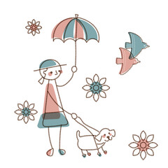 cute vector clipart of a young girl holding parasol with a happy dog / flowers and birds /  dotted line drawing / doodle	
