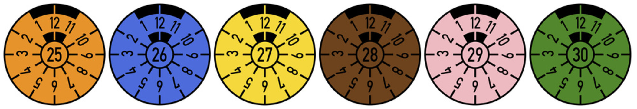 German vehicle inspection stickers / goods vehicle test certificate ("T&Uuml;V-Plakette") - repeating color coding for the years 2025 to 2030. Isolated on transparent background