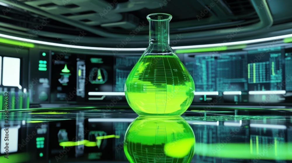 Poster green liquid in erlenmeyer flask modern lab setting