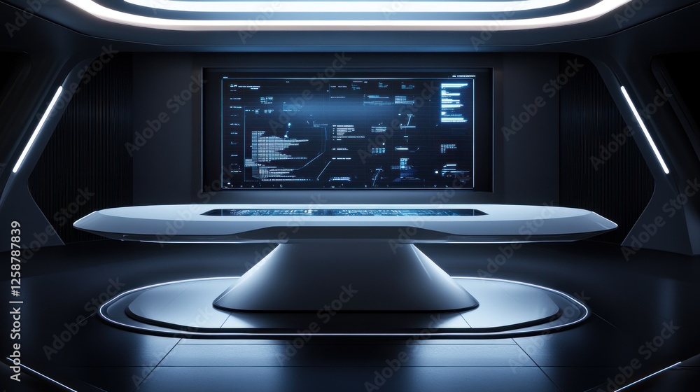 Poster futuristic control room with interactive table and display