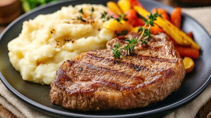 Grilled steak, mashed potatoes, and roasted vegetables on a plate.