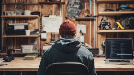 Programmer coding in workshop, shelves background, freelance work