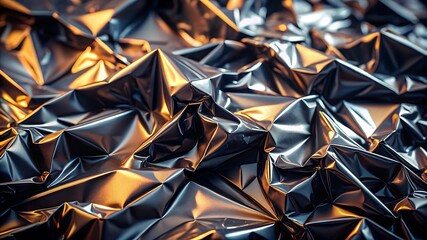 Abstract artistic black metallic texture featuring intricate crumpled foil patterns, sharp reflective highlights, and surreal futuristic contrasts in a modern design