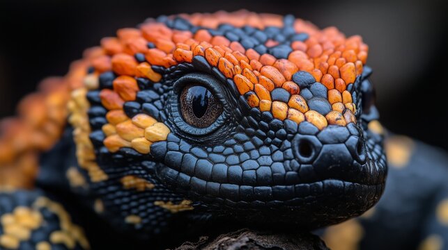 Captivating close-up of a vibrant orange and black lizard in natural habitat during daylight hours