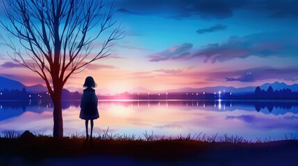 Fototapeta premium Collection of 1980 anime illustration LOFI music cover and banner, sadness, dreams, peace, mindfulness, sleepless emotion.