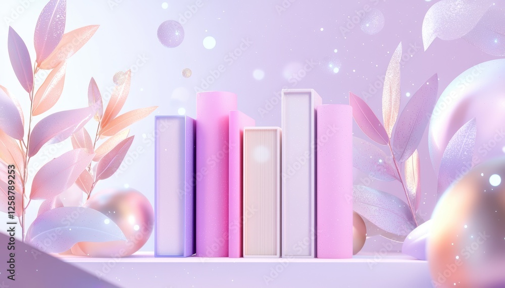 Poster a serene display of pastel-colored books surrounded by soft leaves and bubbles, creating a calming a