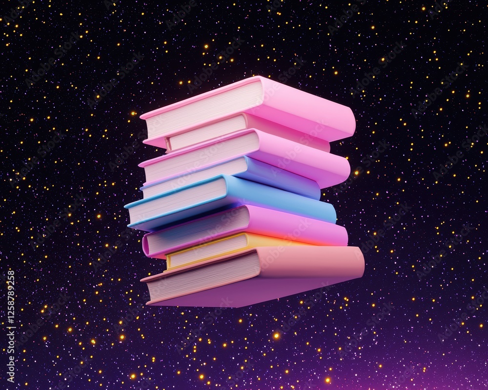 Poster a colorful stack of books floating in a starry, cosmic background, creating a whimsical and imaginat