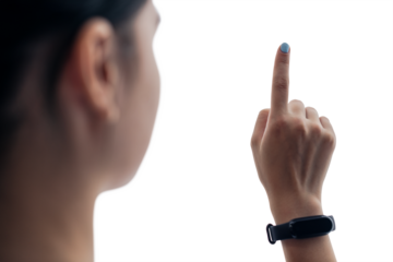 Transparent screen mockup png girl touching with her finger