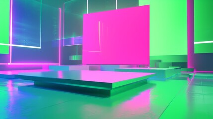 A dynamic abstract space featuring neon-lit platforms and geometric shapes. The vivid pink and green hues reflect modern, innovative, and creative design concepts. AI generated.