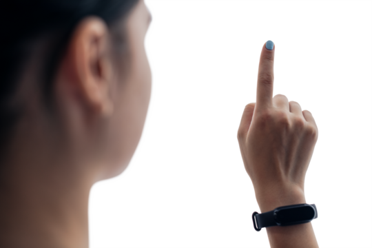 Transparent screen mockup png girl touching with her finger