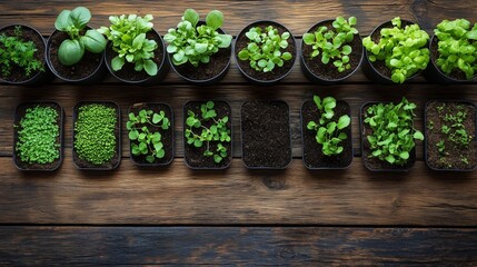 Fresh herbs and leafy greens growing in small pots on wooden surface in bright indoor setting