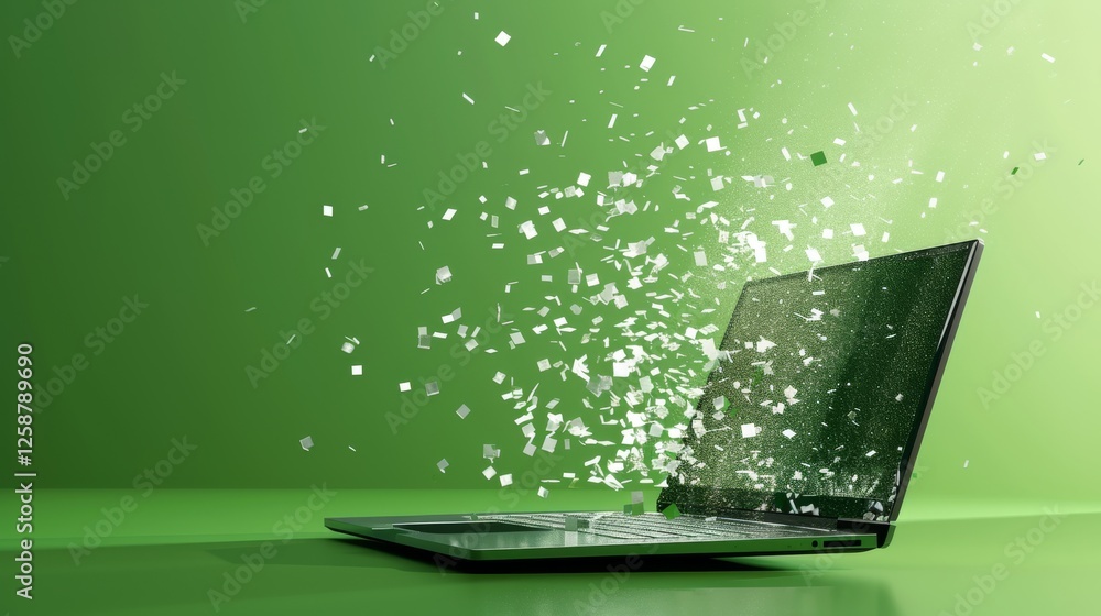 Poster a dynamic digital rendering of a laptop dissolving into abstract green particles, representing techn