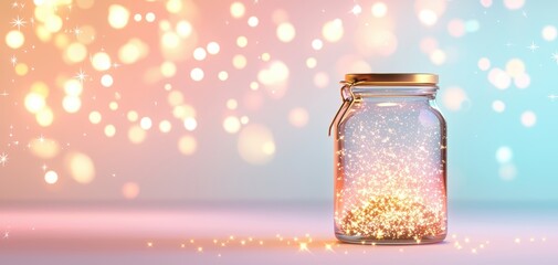 A shimmering jar filled with glowing particles, set against a soft, colorful background, evoking a magical and enchanting atmosphere.