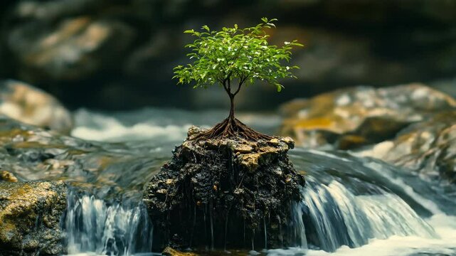 Resilient Sprout From Fallen Bridge In Stream