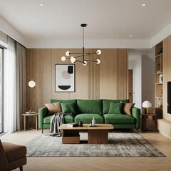 Modern living room with green sofa and wooden accents.