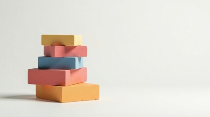 Pastel-colored blocks stacked on a pristine white background, suggesting concepts of balance, construction, and design