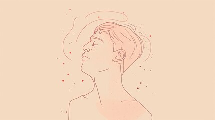 Abstract line art of a portrait featuring soft pink tones and subtle details on a neutral beige background, exuding a calm and minimalist aesthetic. AI generated.