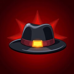 Naklejka premium An sleek image of a black hat with a glowing center. The background is a fiery red color, adding depth and contrast.
