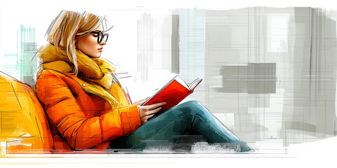 A young woman wearing glasses, a warm orange jacket, and a thick yellow scarf. She is seated comfortably, engrossed in reading a red book.