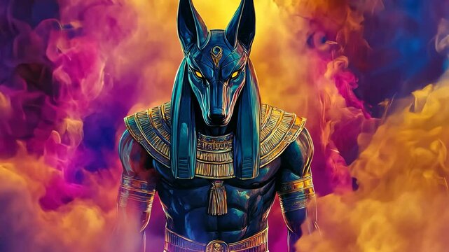 Anubis figure surrounded by vibrant colors and mist in an ancient Egyptian themed portrayal