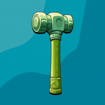 An detailed image of a green hammer with embossed details. The background is a icy cyan color, adding depth and contrast.