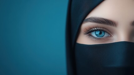 Naklejka premium A woman with captivating blue eyes is seen wearing a black hijab, looking pensive against a soft blue backdrop. The atmosphere conveys tranquility and introspection