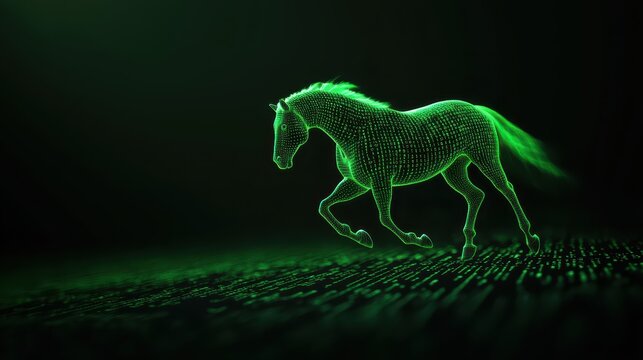 A glowing green horse runs gracefully across a digital landscape filled with flowing binary code, creating a mesmerizing scene of technology and nature