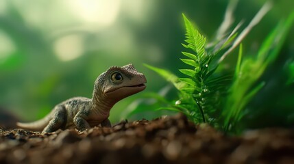 Obraz premium A small dinosaur-like creature curiously inspects its environment filled with green ferns and soil, showcasing vibrant colors in a lush habitat during daylight