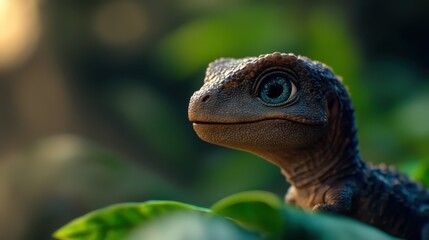 Fototapeta premium A small juvenile dinosaur-like creature is perched among vibrant green leaves, illuminated by warm sunlight. Its curious gaze captures the essence of the enchanting forest environment